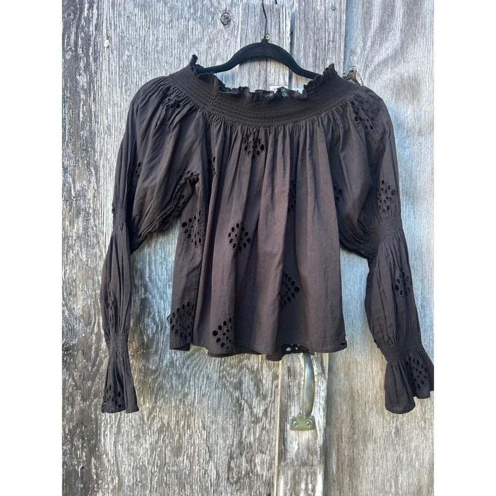 Black Eyelet Blouse Peasant Witch Boho Smocked Puff Sleeve Size M